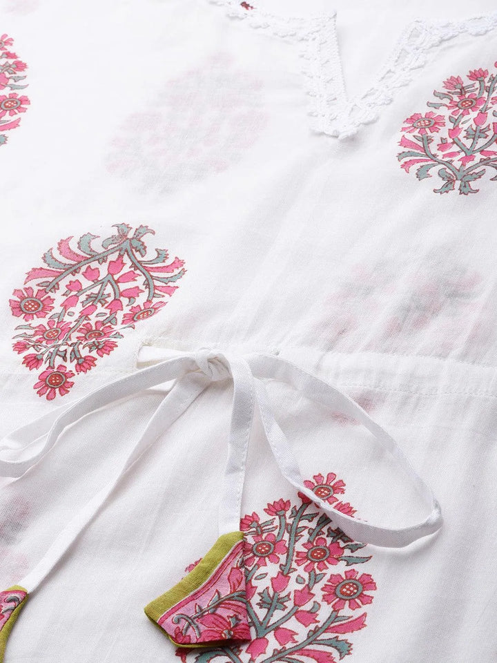 White Printed Cotton Nightdress - Libas