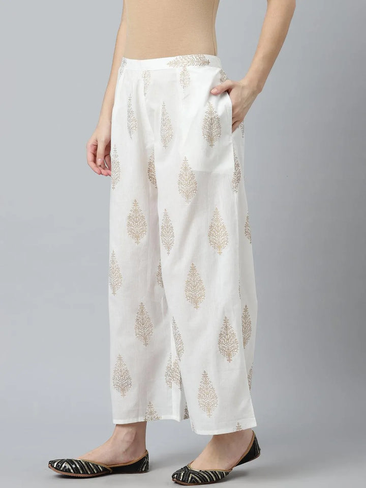 White Printed Cotton Palazzos - Libas