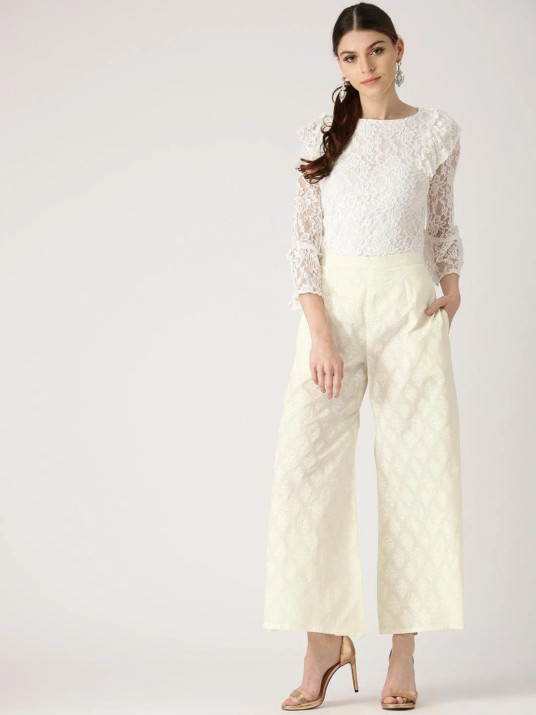 White Printed Cotton Palazzos - Libas 