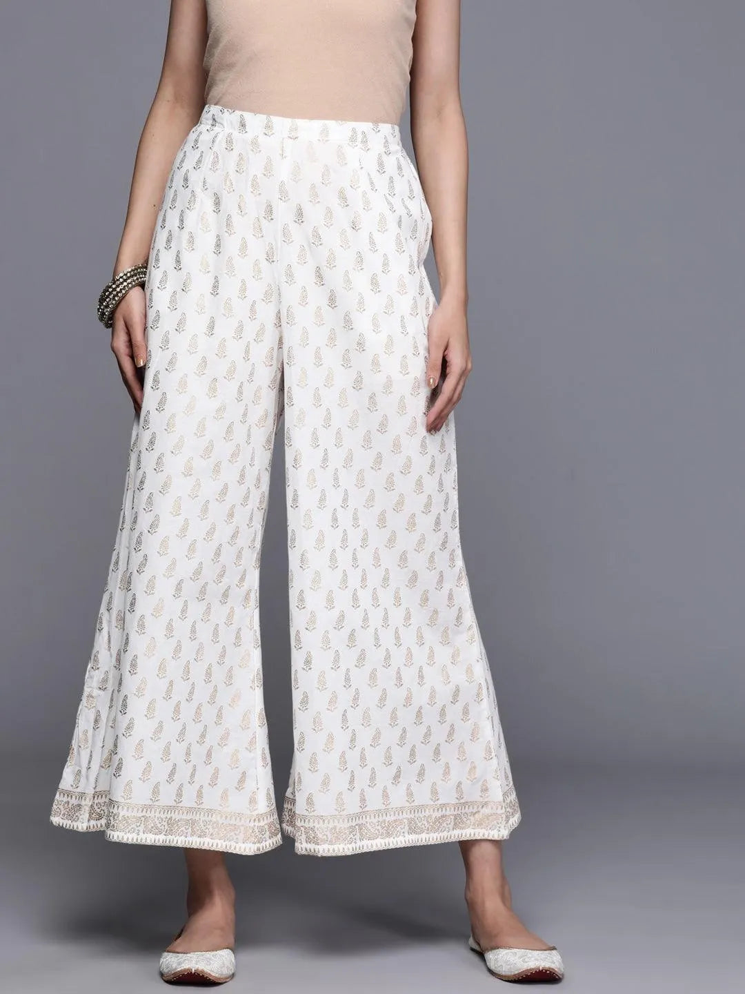 White Printed Cotton Palazzos - Libas