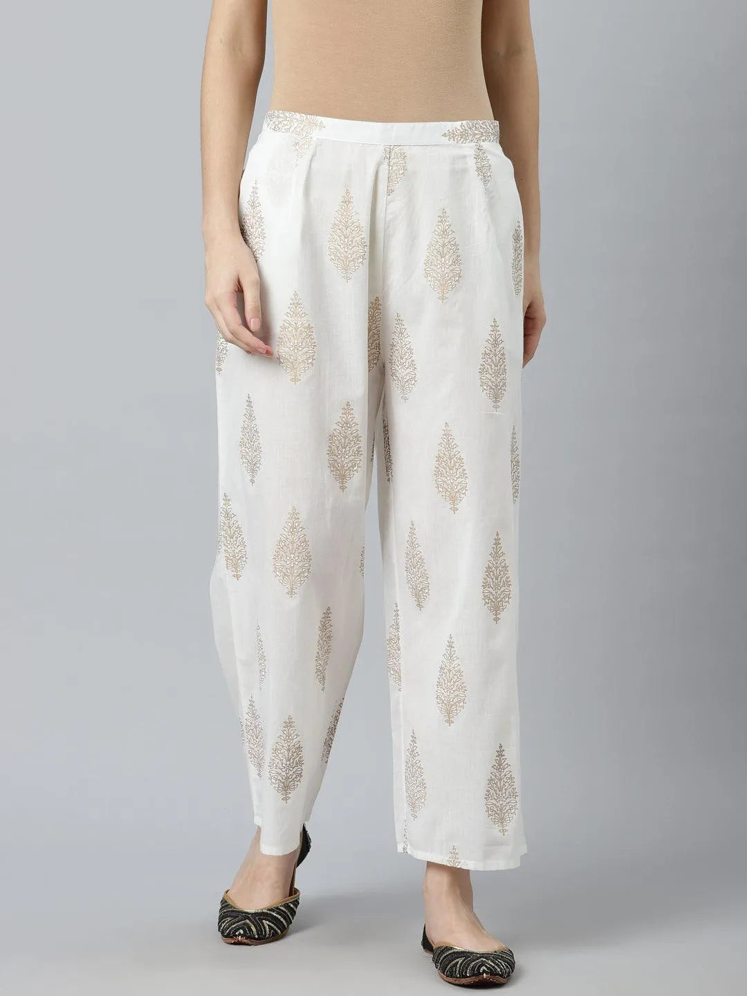 White Printed Cotton Palazzos - Libas