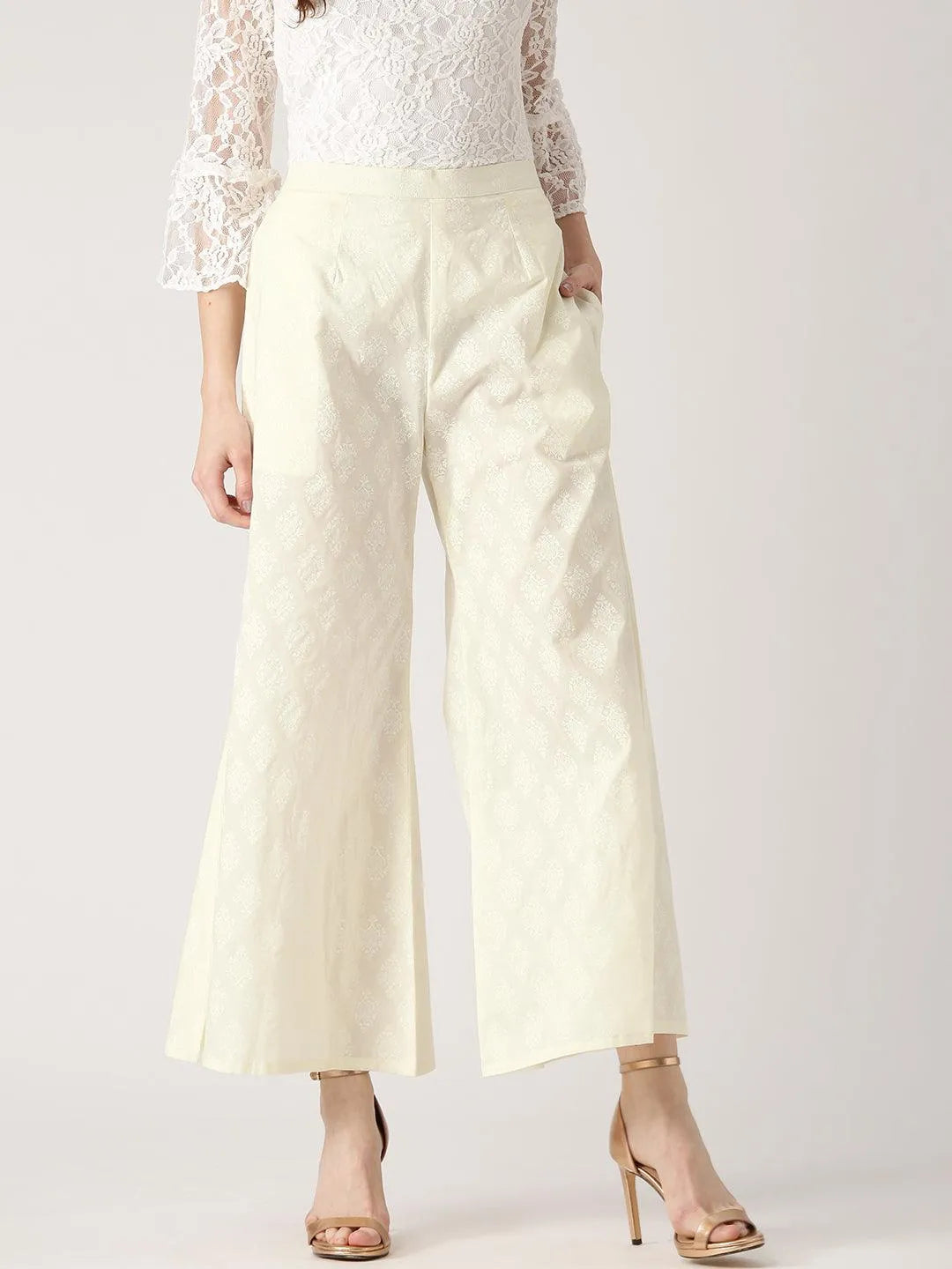 White Printed Cotton Palazzos - Libas