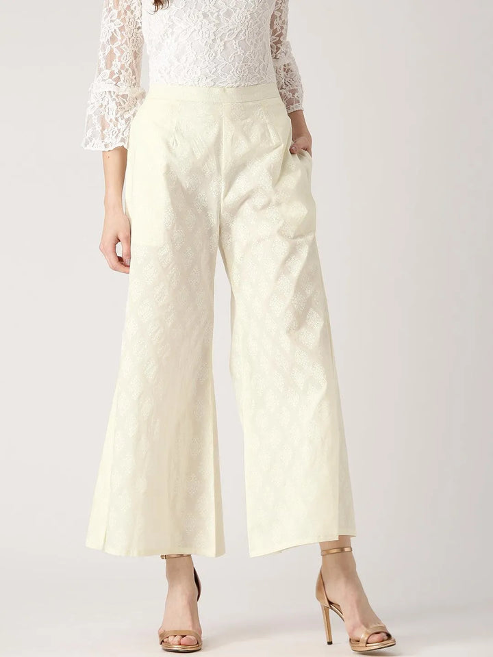 White Printed Cotton Palazzos - Libas