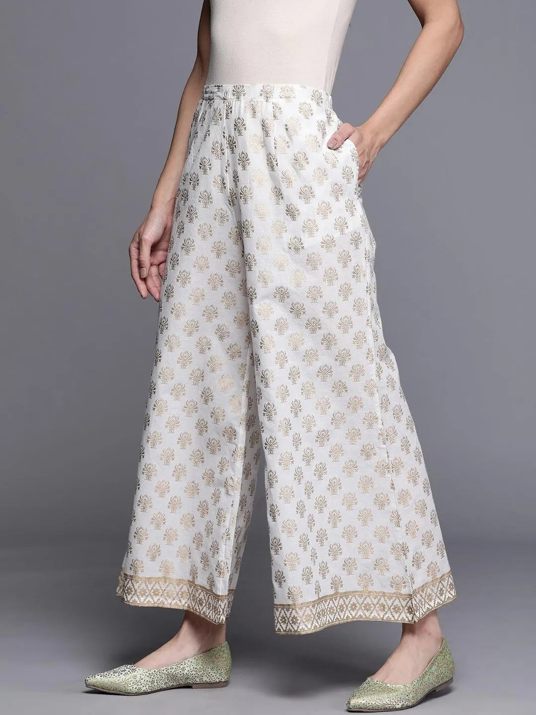 White Printed Cotton Palazzos - Libas