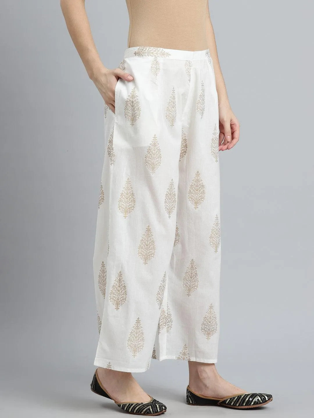 White Printed Cotton Palazzos - Libas 