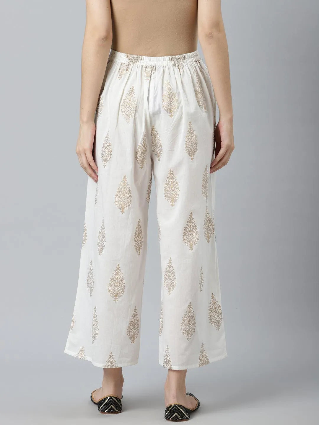 White Printed Cotton Palazzos - Libas 