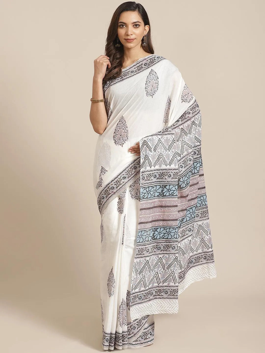 White Printed Cotton Saree - Libas