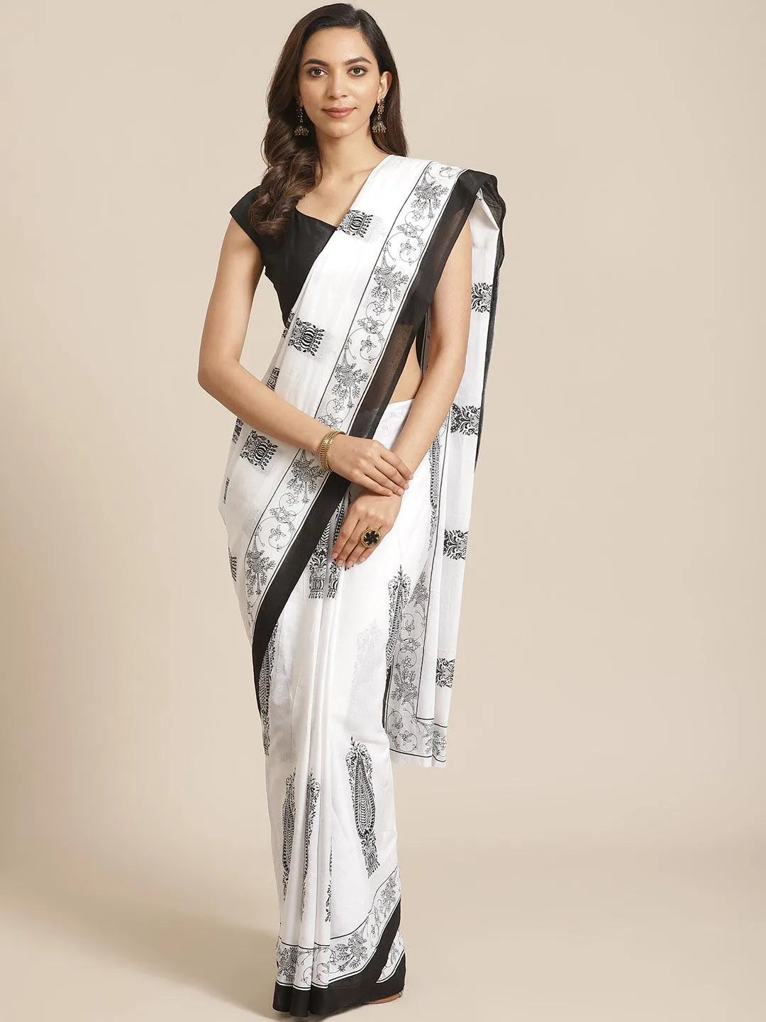 White Printed Cotton Saree - Libas