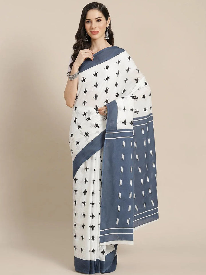 White Printed Cotton Saree - Libas