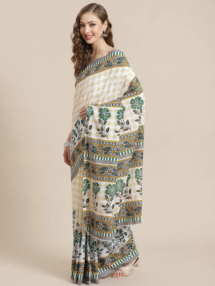 White Printed Cotton Saree - Libas