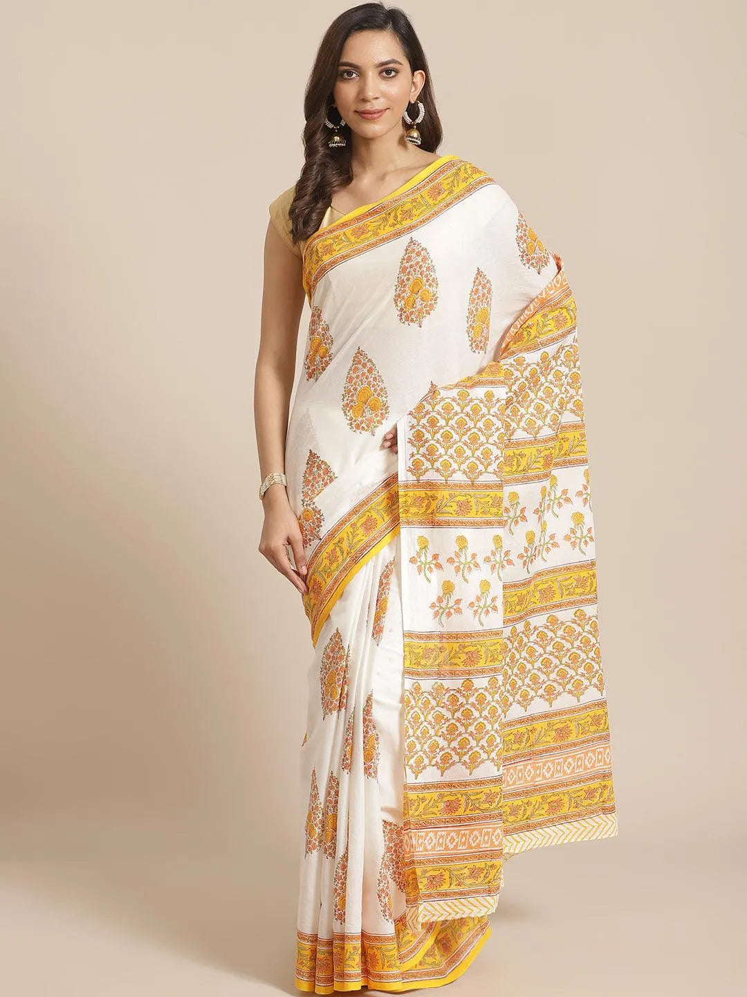 White Printed Cotton Saree - Libas 