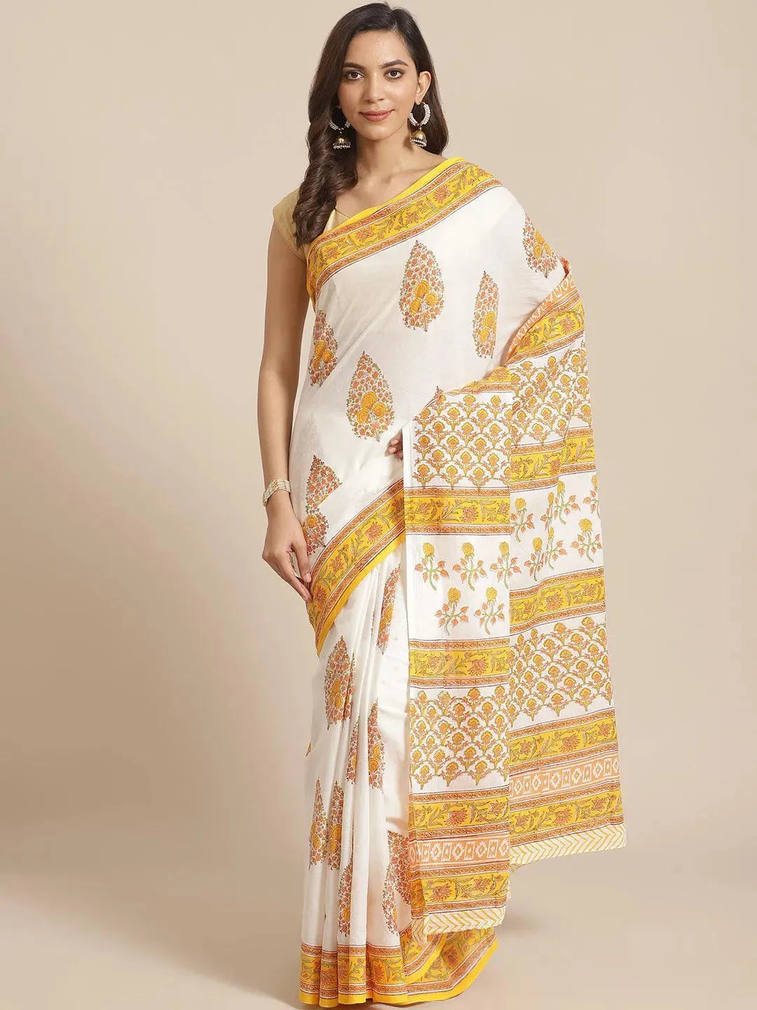 

Buy White Printed Cotton Saree - 14368 | Libas Ethnic Wear Online