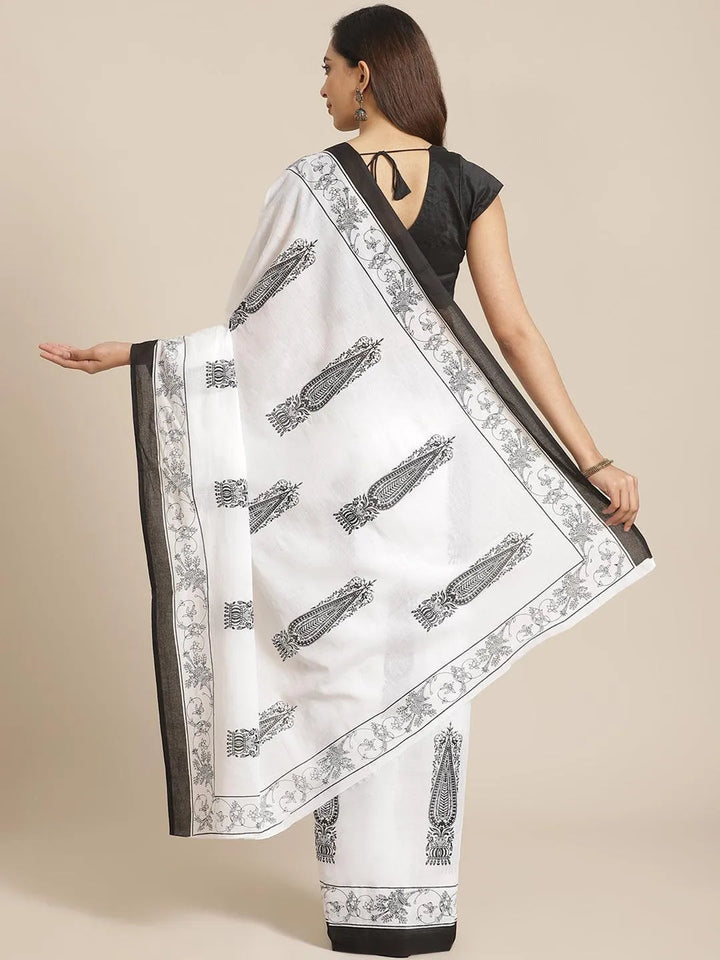 White Printed Cotton Saree - Libas