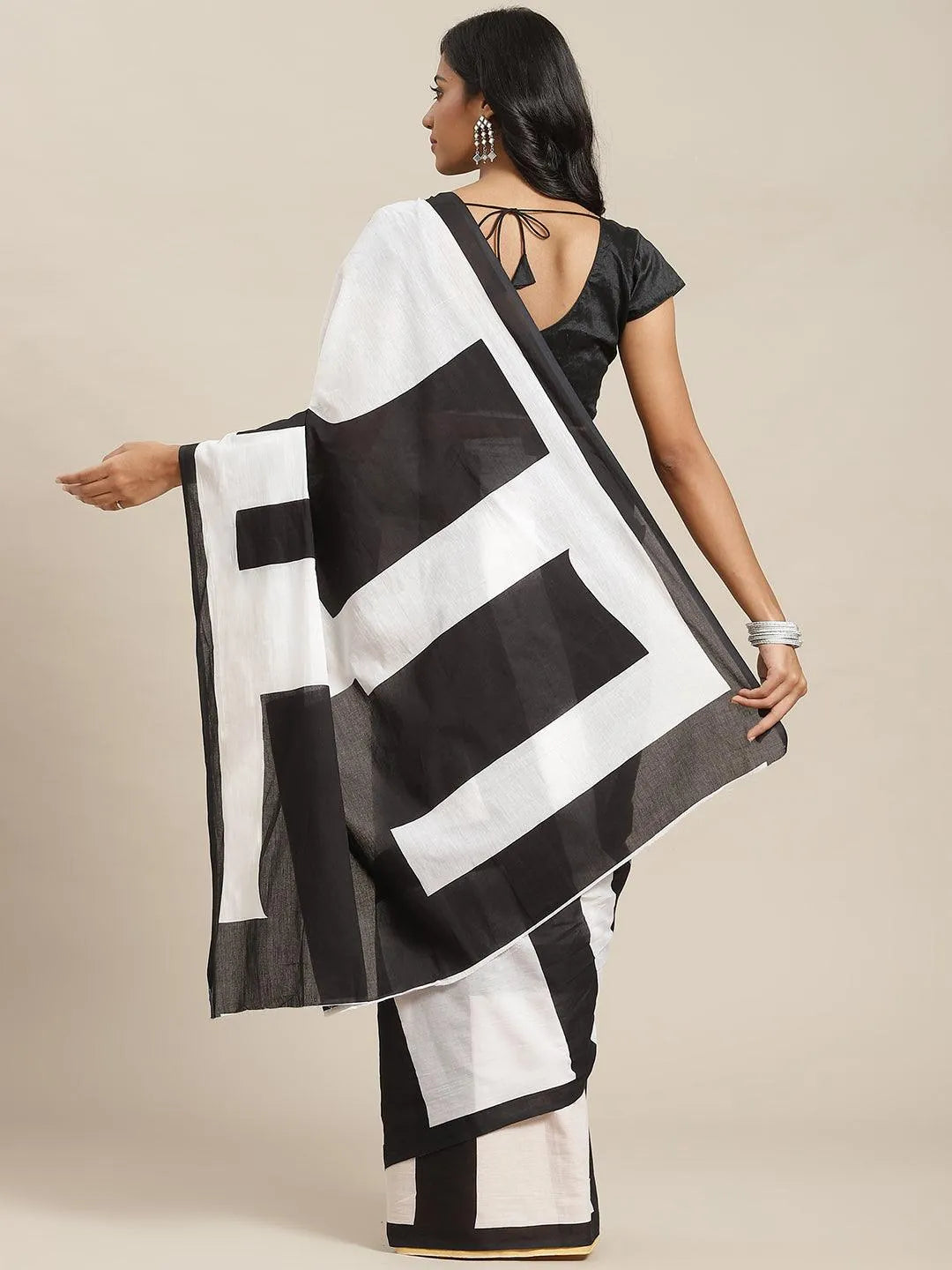 White Printed Cotton Saree - Libas