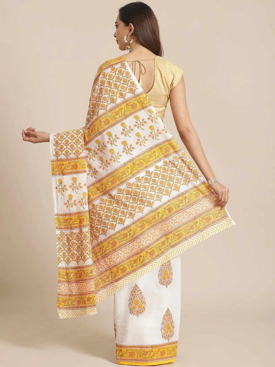 White Printed Cotton Saree - Libas 