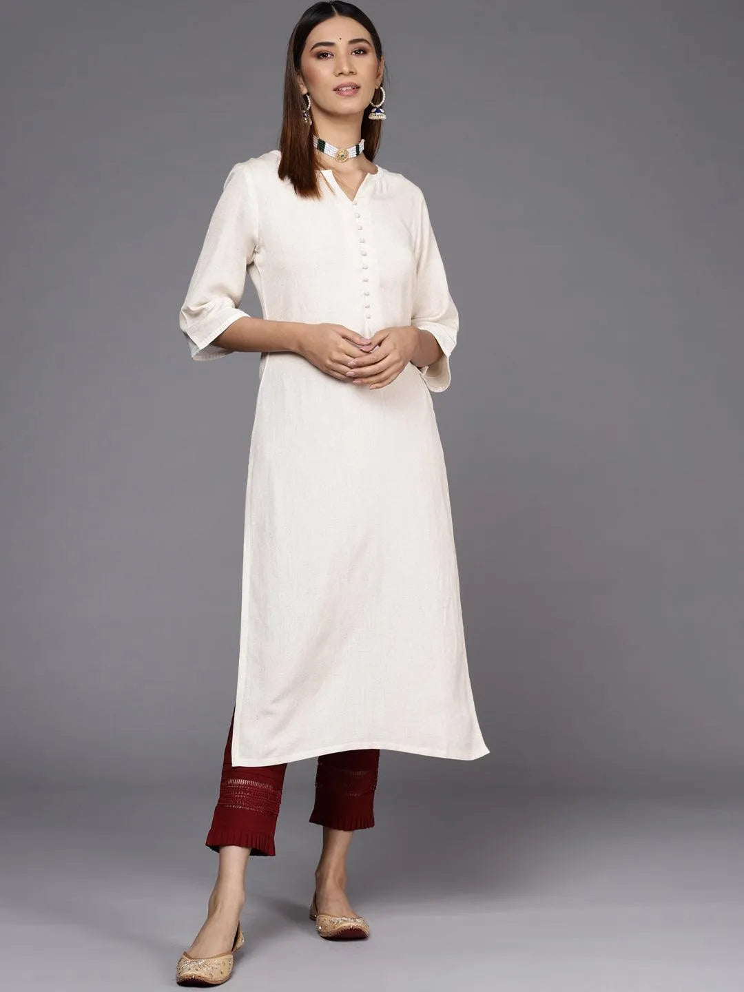 White Printed Cotton Straight Kurta - Libas