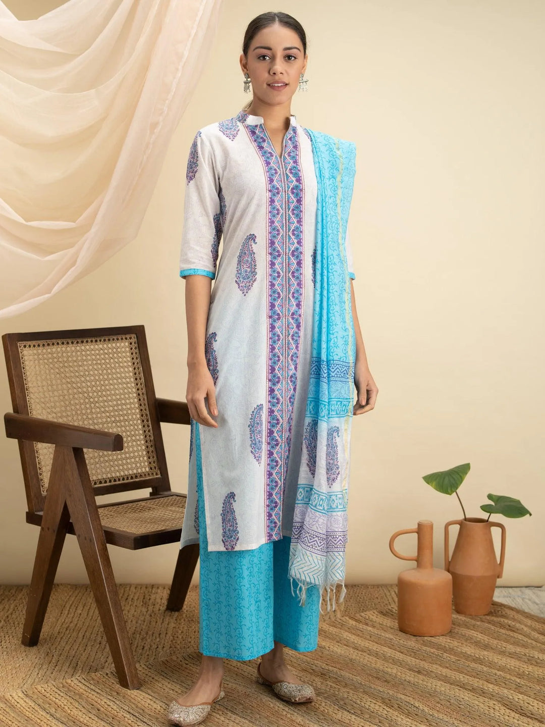 White Printed Cotton Suit Set - Libas