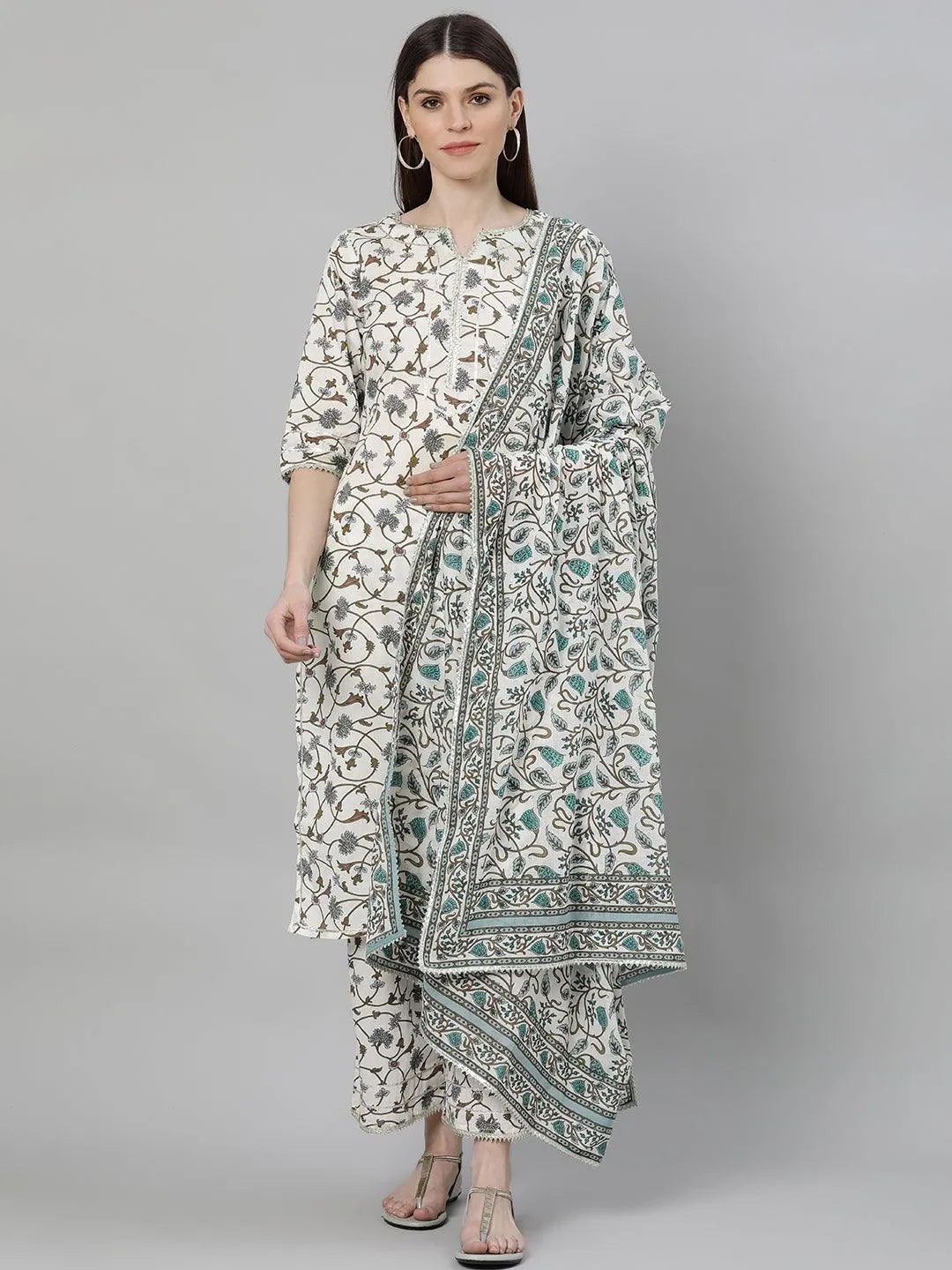 White Printed Cotton Suit Set - Libas