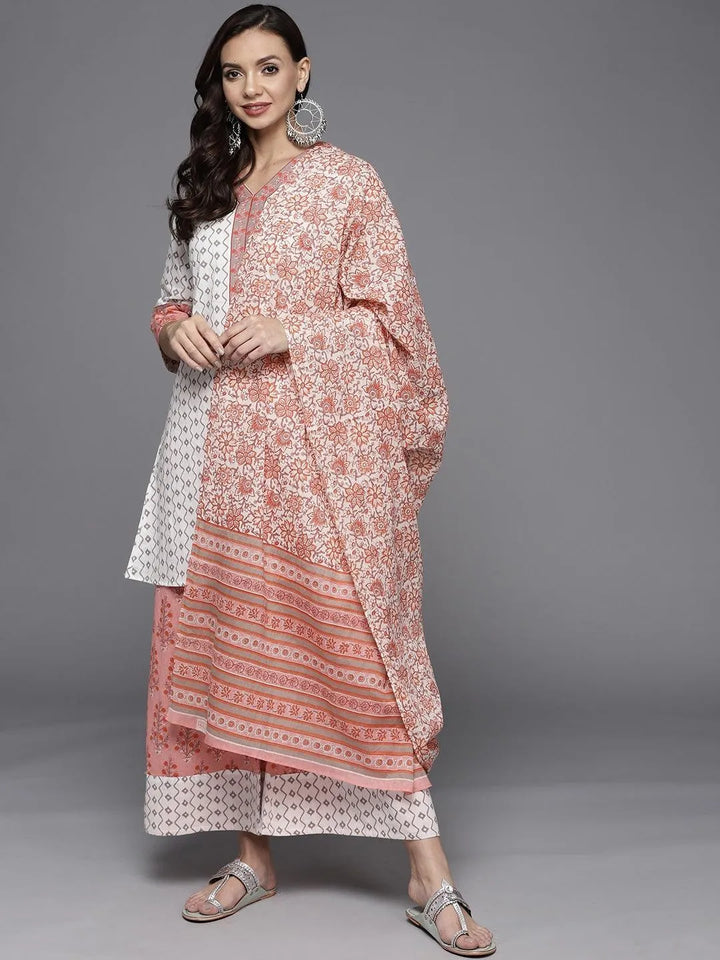 White Printed Cotton Straight Suit Set - Libas