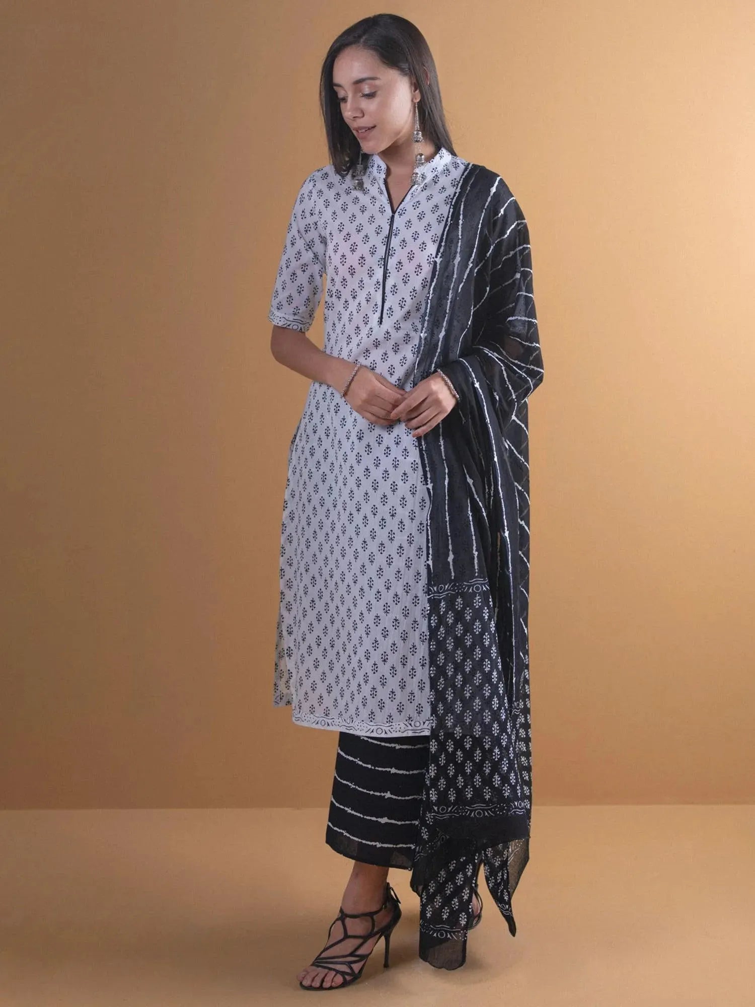 

White Printed Cotton Straight Kurta With Palazzos & Dupatta