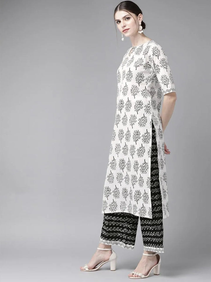 White Printed Cotton Suit Set - Libas