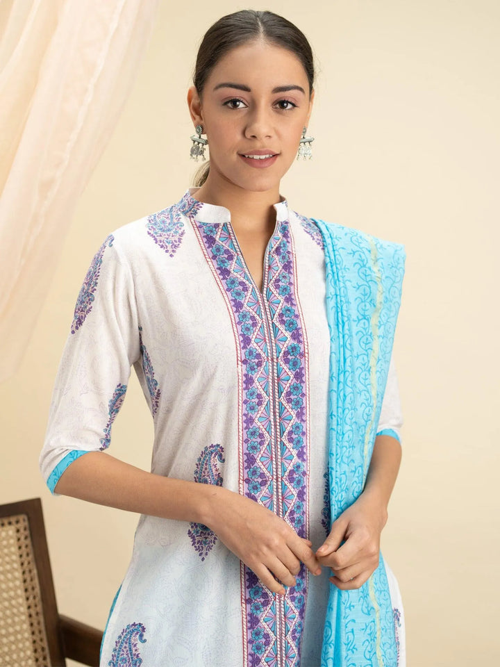 White Printed Cotton Suit Set - Libas