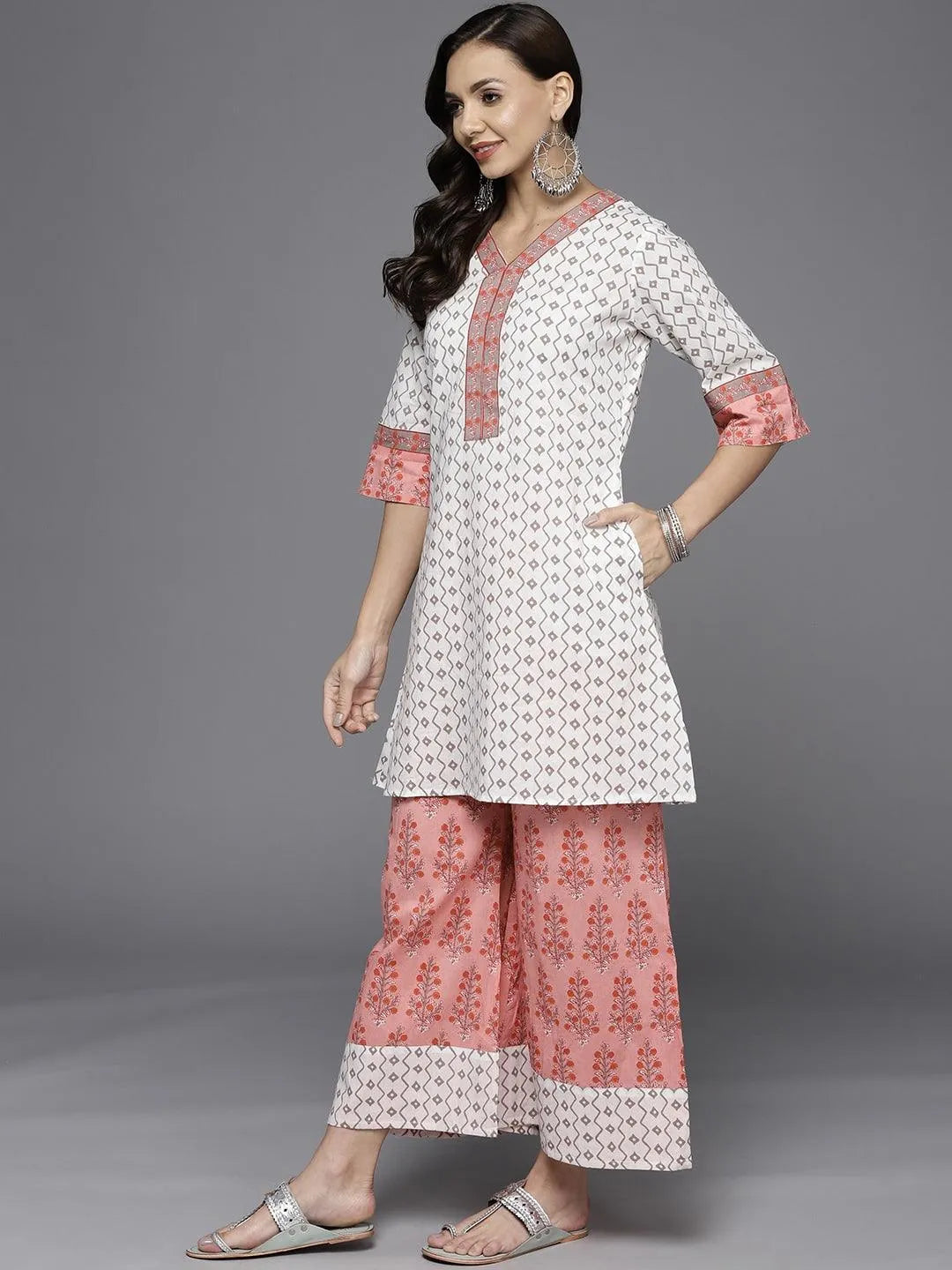 White Printed Cotton Straight Suit Set - Libas