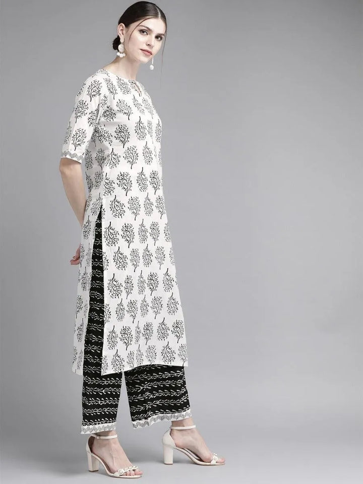 White Printed Cotton Suit Set - Libas