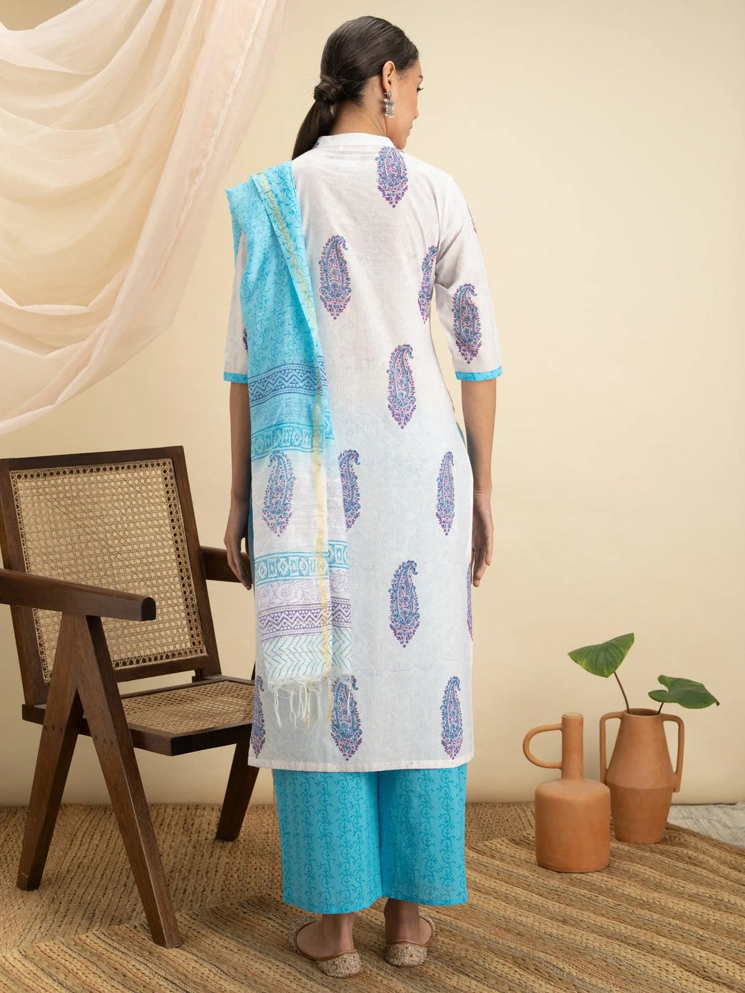 White Printed Cotton Suit Set - Libas