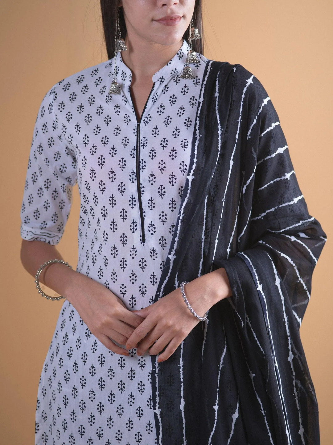 White Printed Cotton Suit Set - Libas 