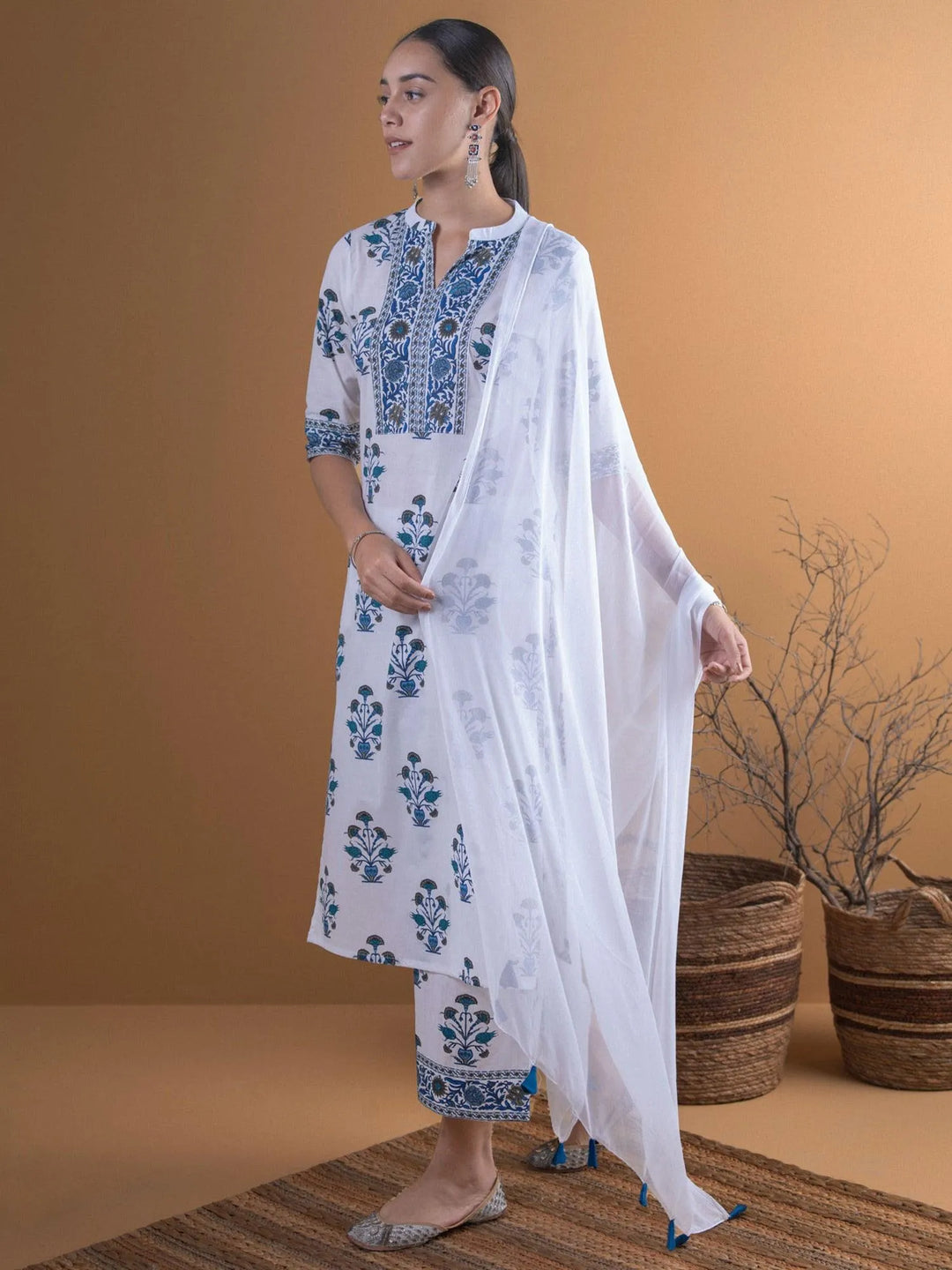 White Printed Cotton Suit Set - Libas 