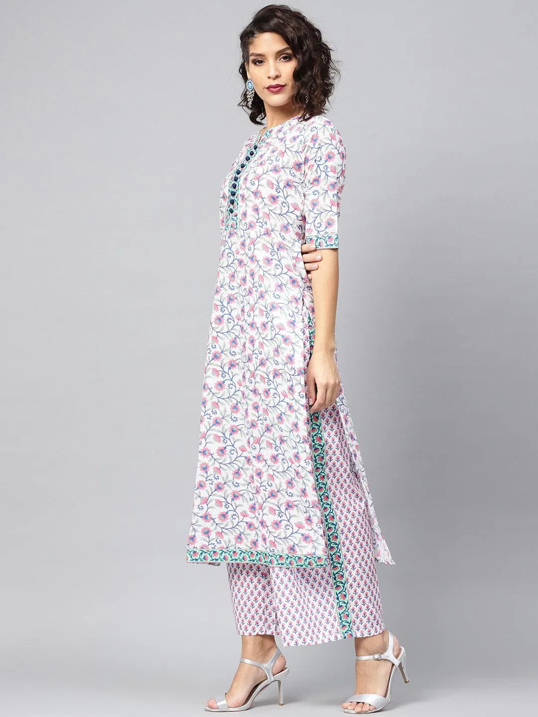 White Printed Cotton Kurta Set - Libas 