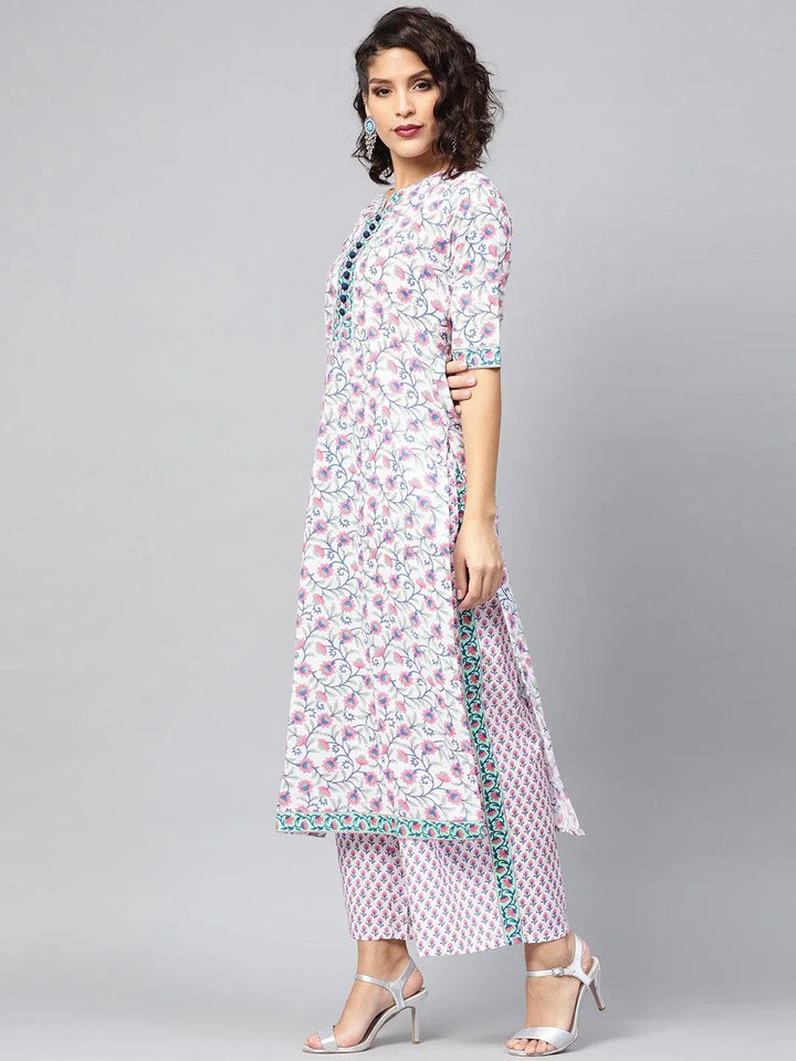 White Printed Cotton Kurta Set - Libas