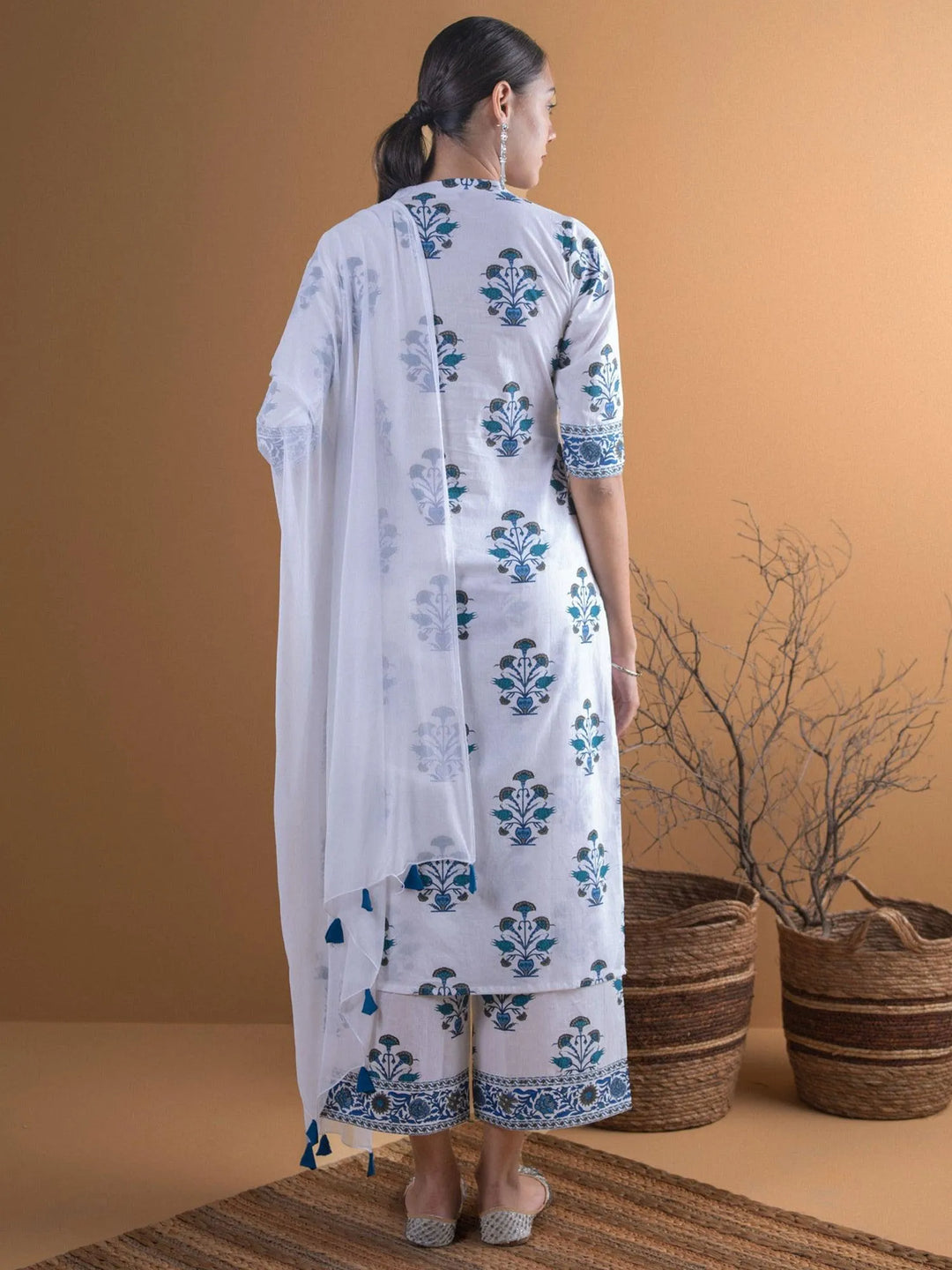 White Printed Cotton Suit Set - Libas