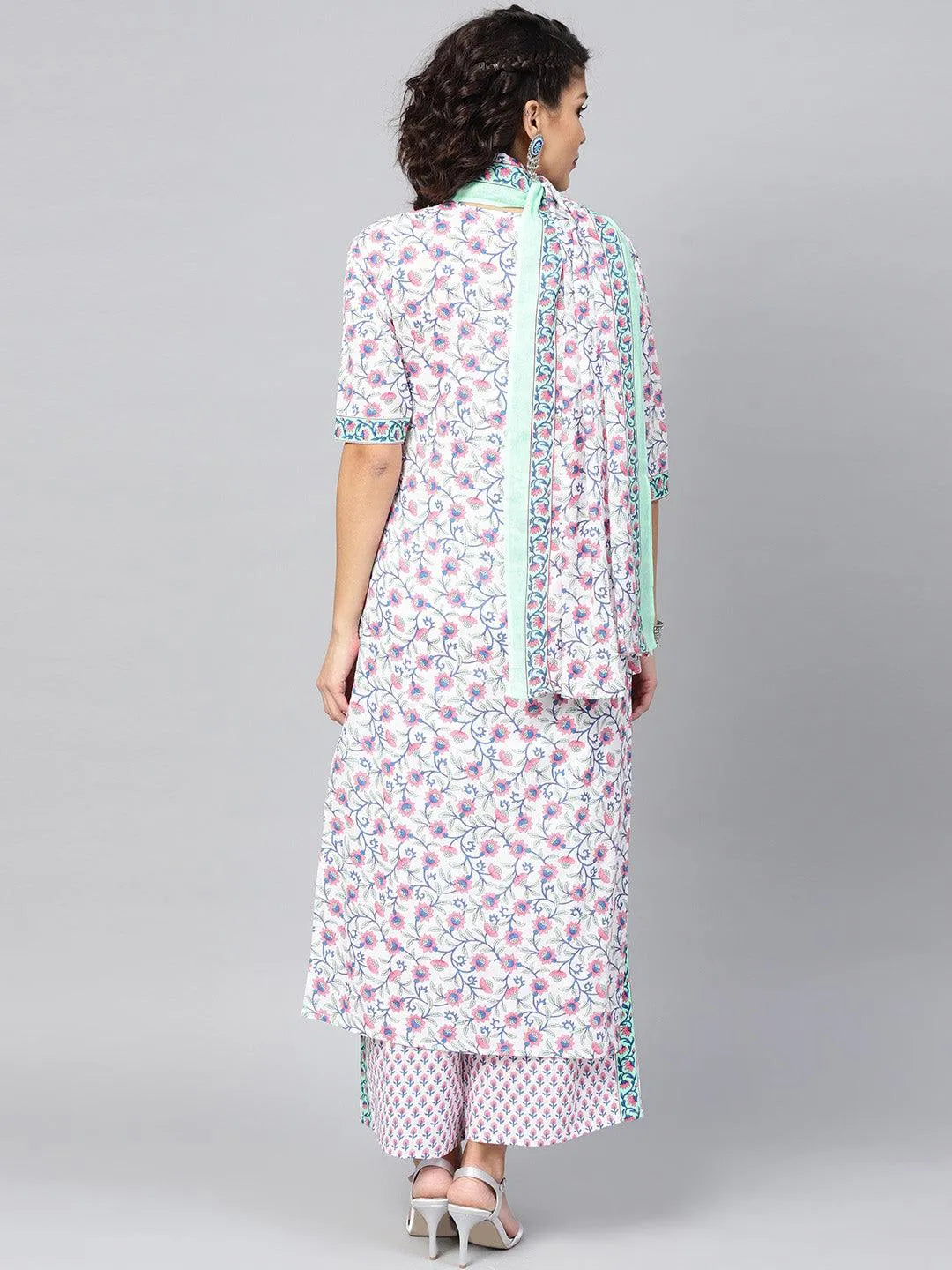 White Printed Cotton Kurta Set - Libas