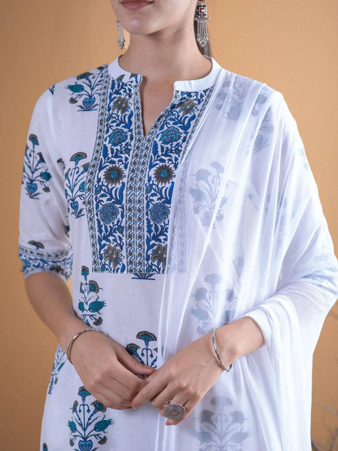 White Printed Cotton Suit Set - Libas 