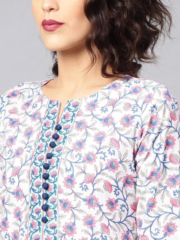 White Printed Cotton Kurta Set - Libas