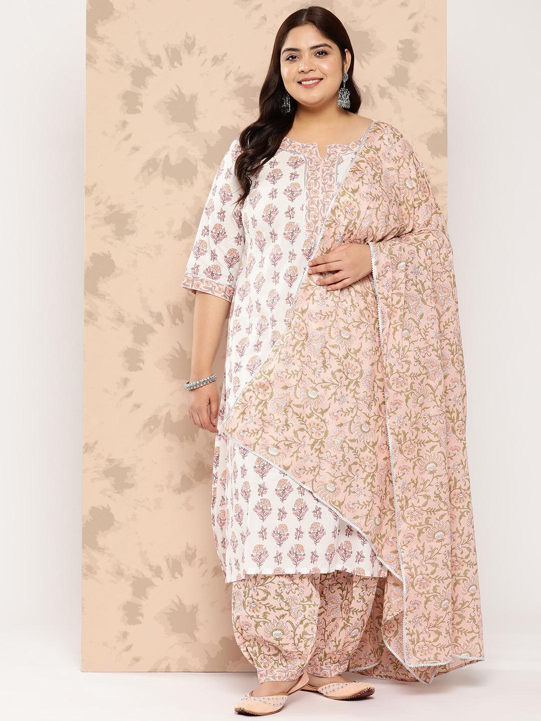 White Printed Cotton Straight Kurta With Salwar and Dupatta - Libas