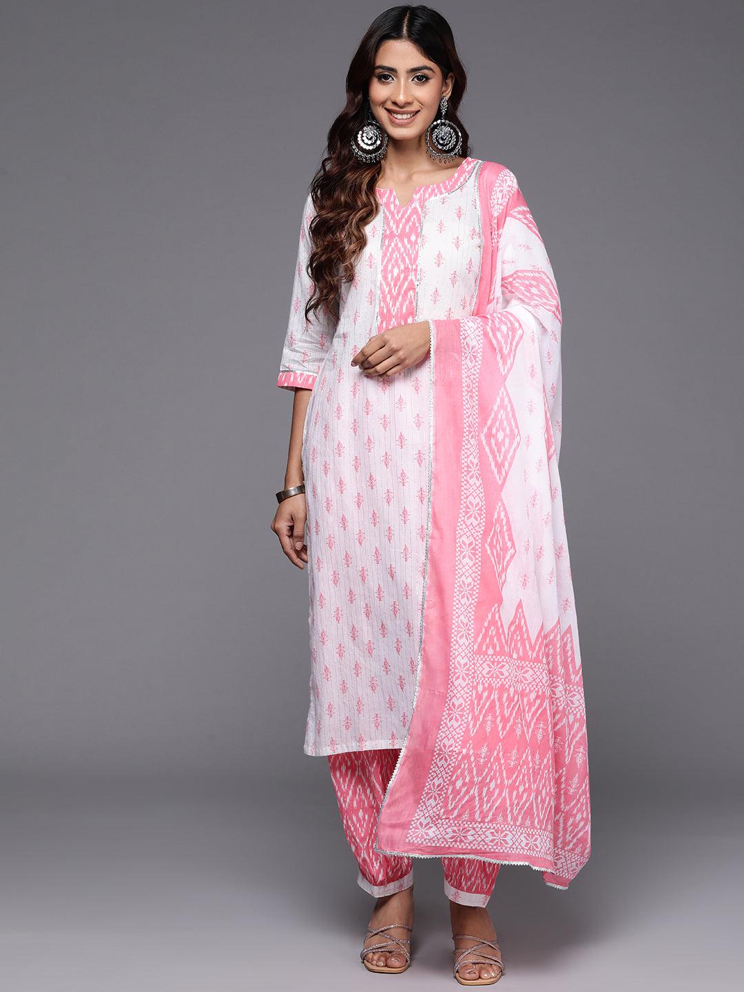 White Printed Cotton Straight Kurta With Salwar & Dupatta - Libas