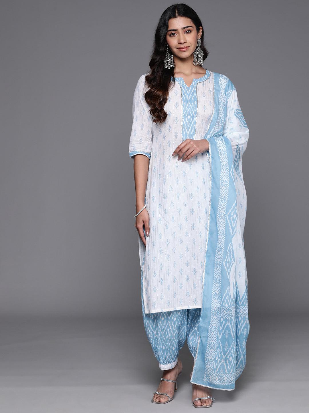 White Printed Cotton Straight Kurta With Salwar & Dupatta - Libas