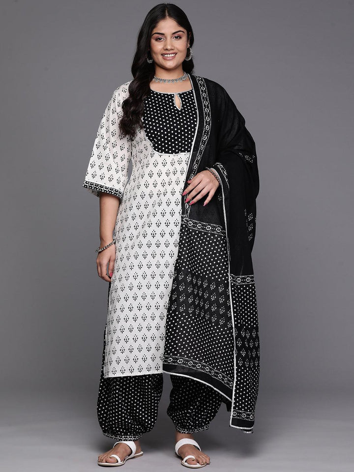 Black Yoke Design Cotton Straight Kurta With Trousers & Dupatta - Libas