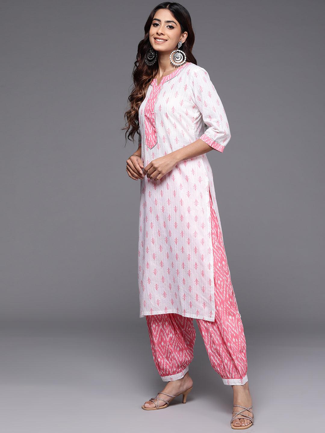 White Printed Cotton Straight Kurta With Salwar & Dupatta - Libas 