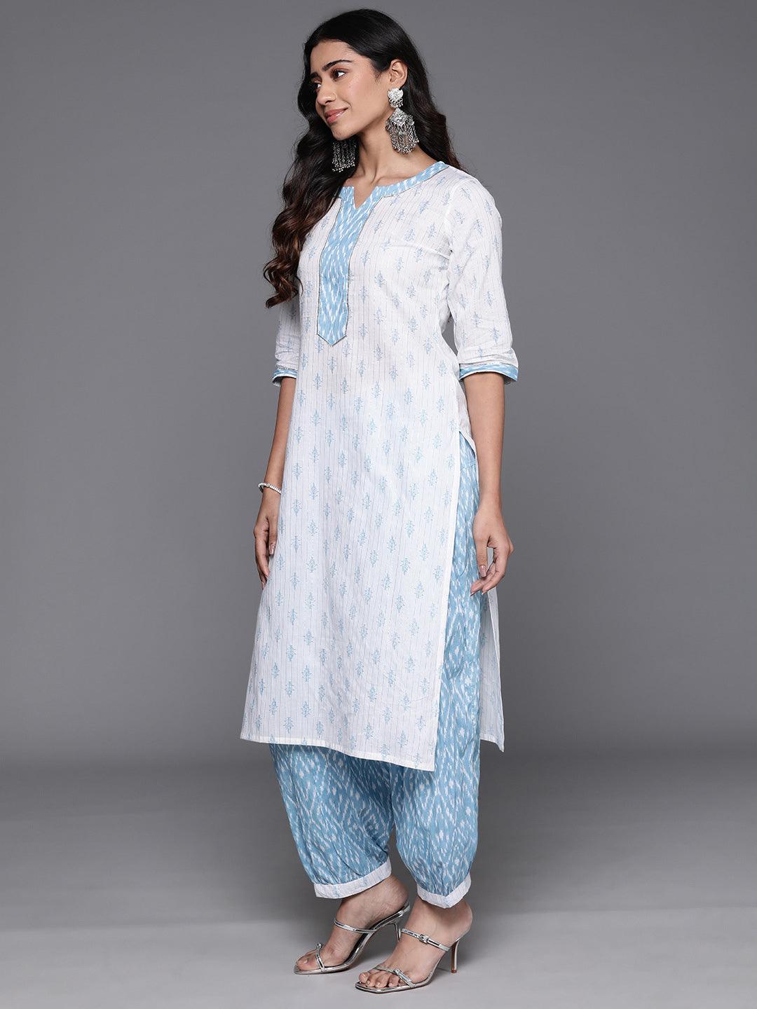 White Printed Cotton Straight Kurta With Salwar & Dupatta - Libas 