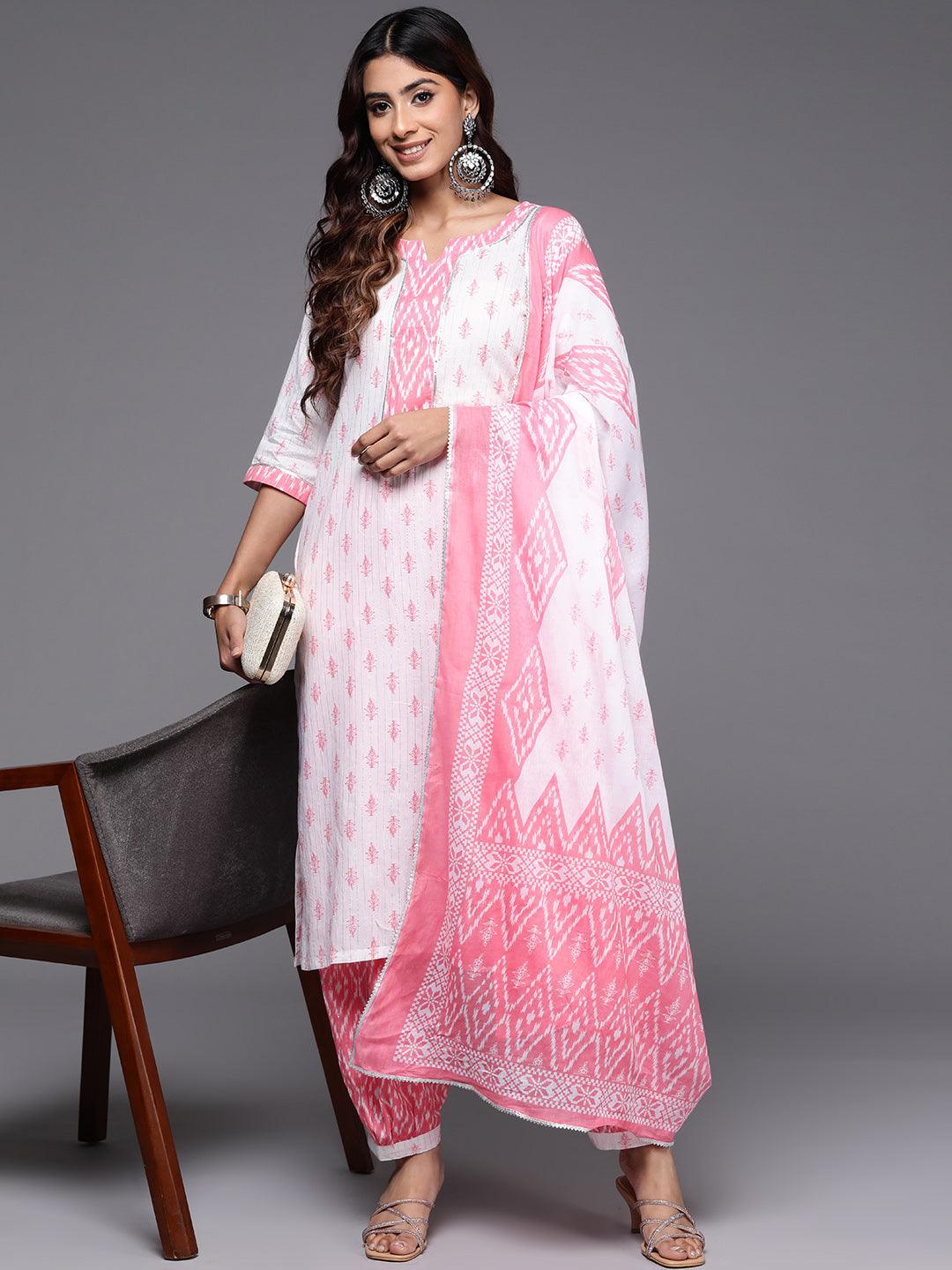 White Printed Cotton Straight Kurta With Salwar & Dupatta - Libas 