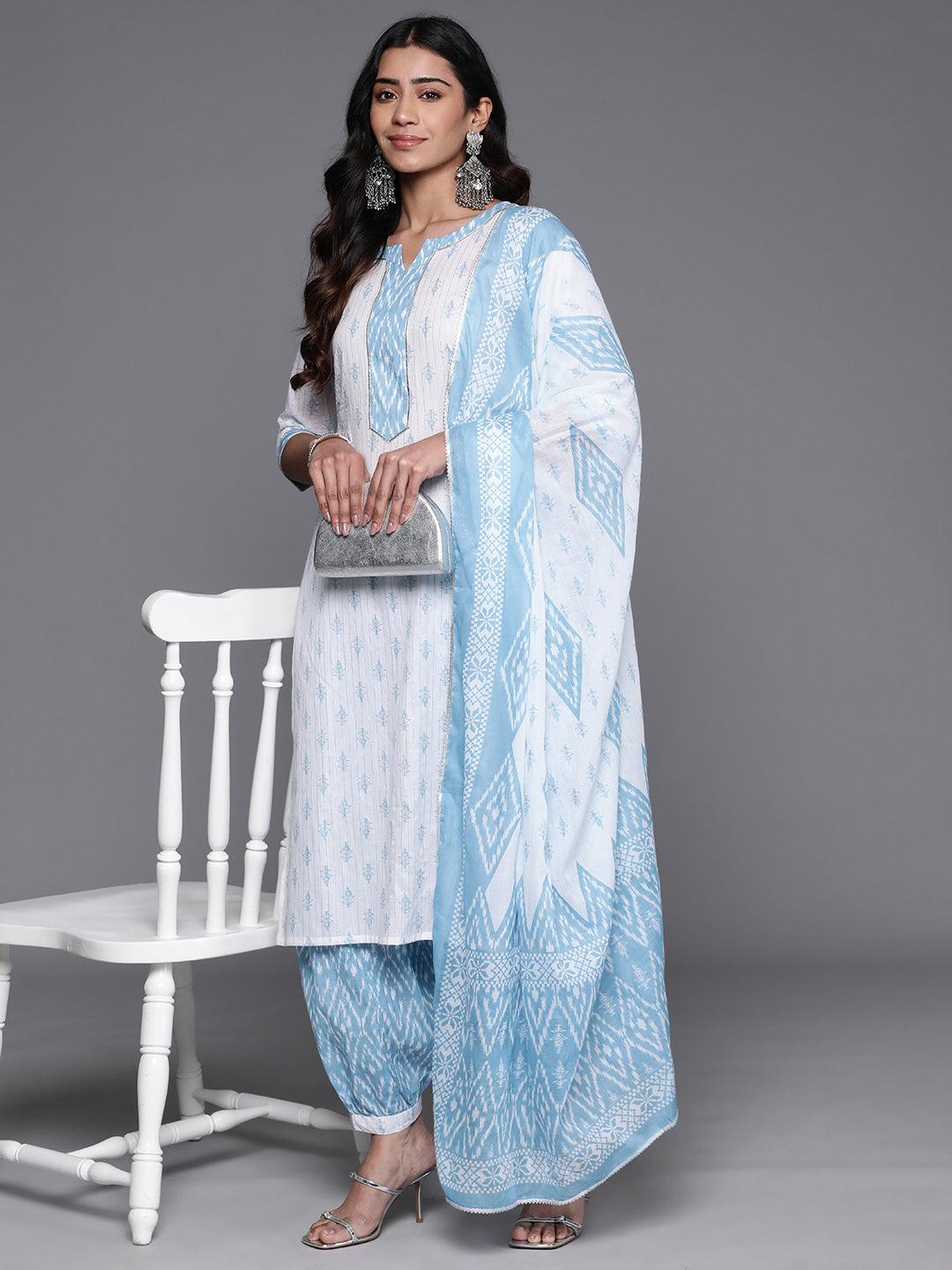 White Printed Cotton Straight Kurta With Salwar & Dupatta - Libas 