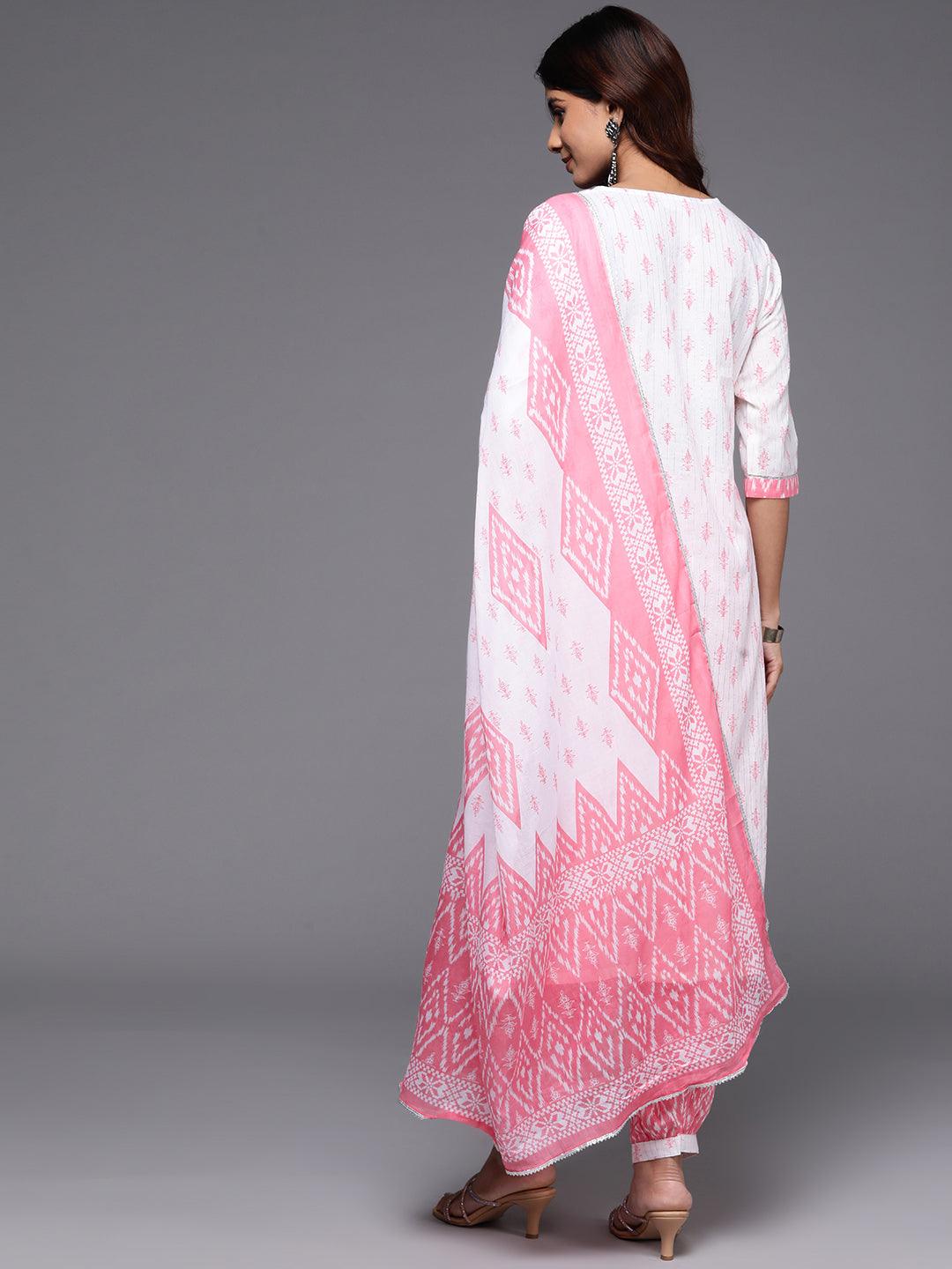 White Printed Cotton Straight Kurta With Salwar & Dupatta - Libas