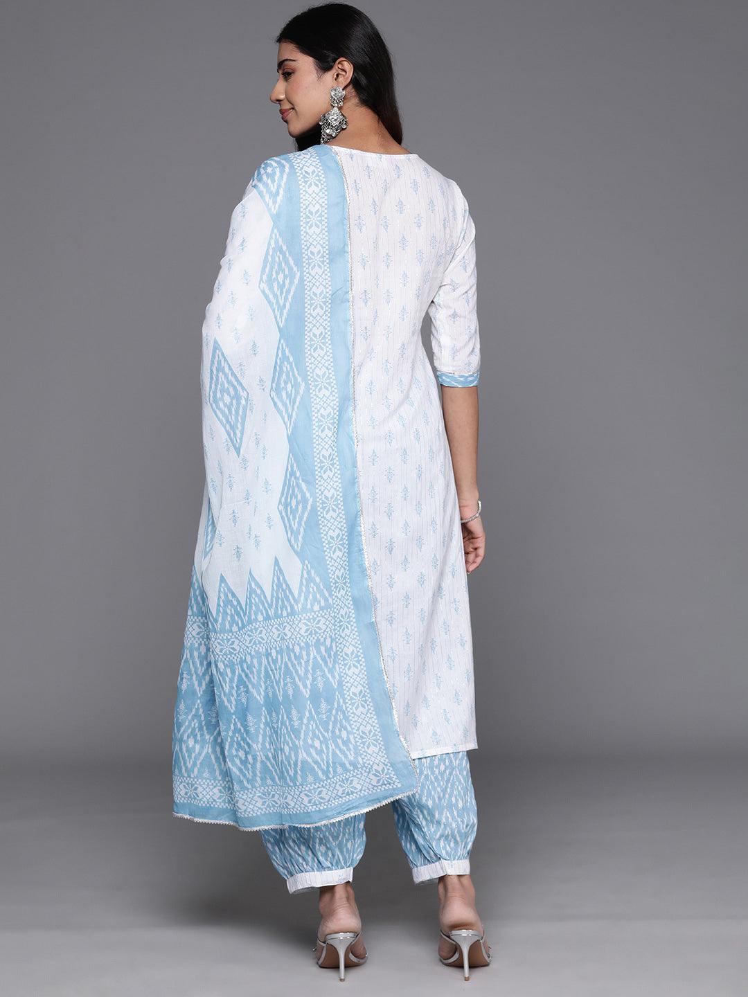 White Printed Cotton Straight Kurta With Salwar & Dupatta - Libas 