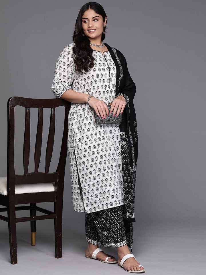 Black Yoke Design Cotton Straight Kurta With Trousers & Dupatta - Libas