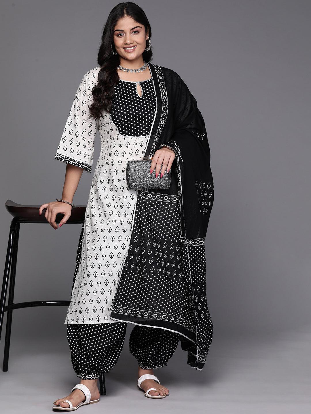 Black Yoke Design Cotton Straight Kurta With Trousers & Dupatta - Libas