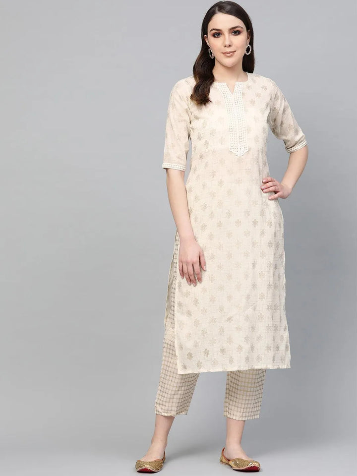 White Printed Cotton Kurta Set - Libas